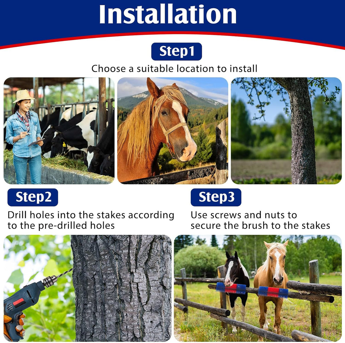 Livestock scratching brush mounted on barn wall