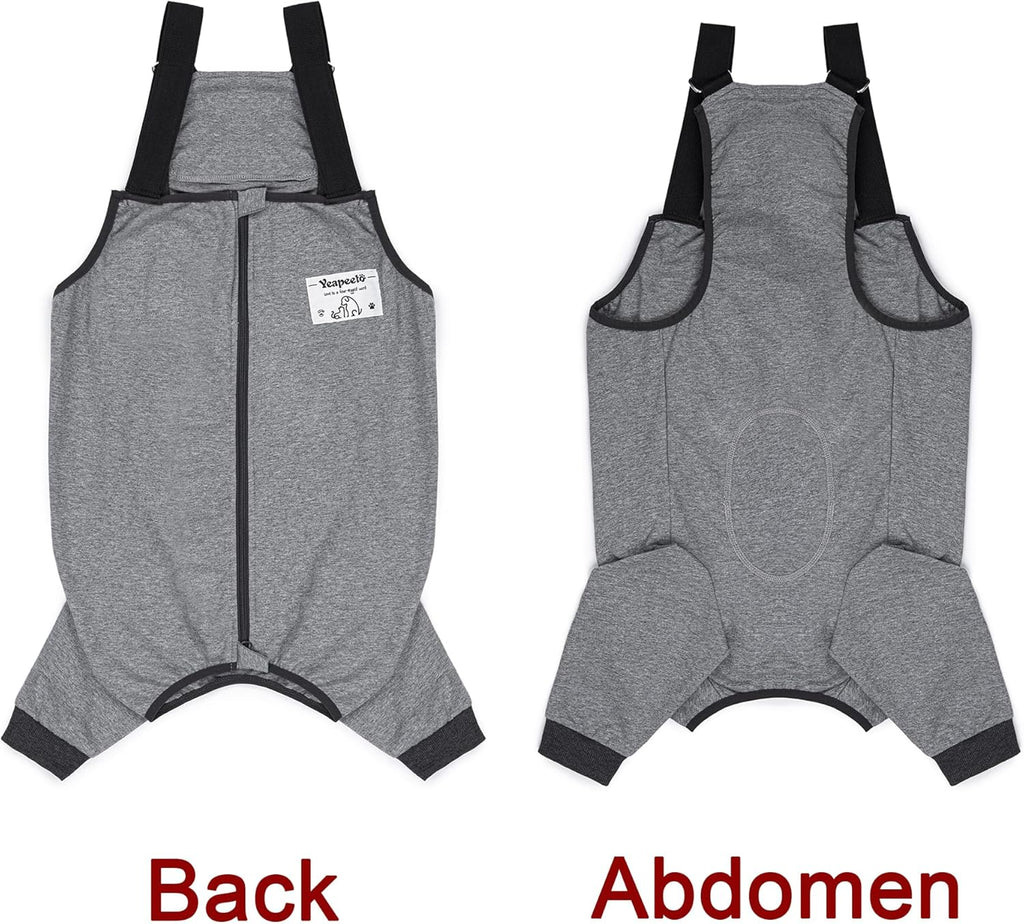 Grey canine surgical onesie sleeve showing adjustable hook and loop shoulder straps.