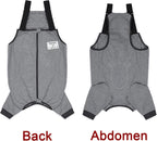 Grey canine surgical onesie sleeve showing adjustable hook and loop shoulder straps.
