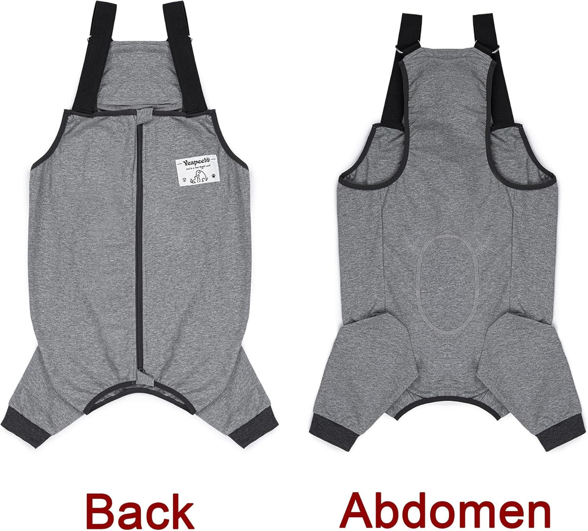 Grey canine surgical onesie sleeve showing adjustable hook and loop shoulder straps.