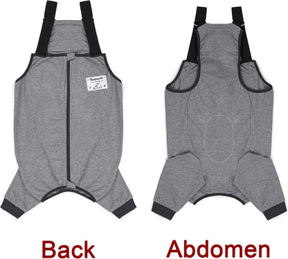 Grey canine surgical onesie sleeve showing adjustable hook and loop shoulder straps.