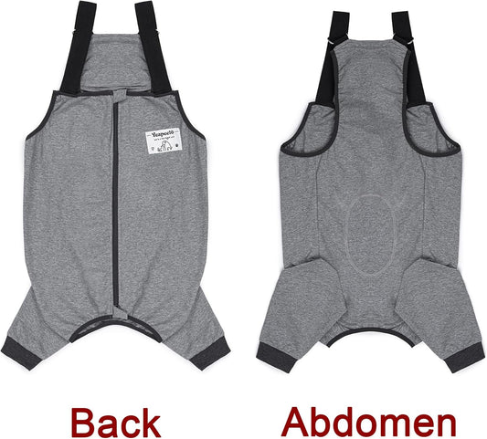 Grey canine surgical onesie sleeve showing adjustable hook and loop shoulder straps.