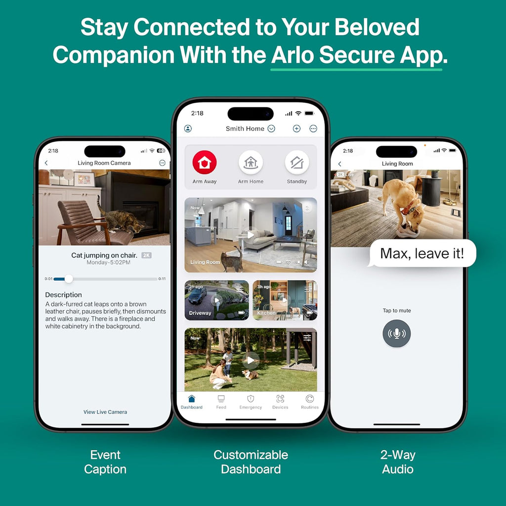 Arlo Essential camera mounted on a shelf in a modern living room