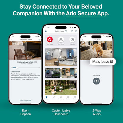 Arlo Essential camera mounted on a shelf in a modern living room