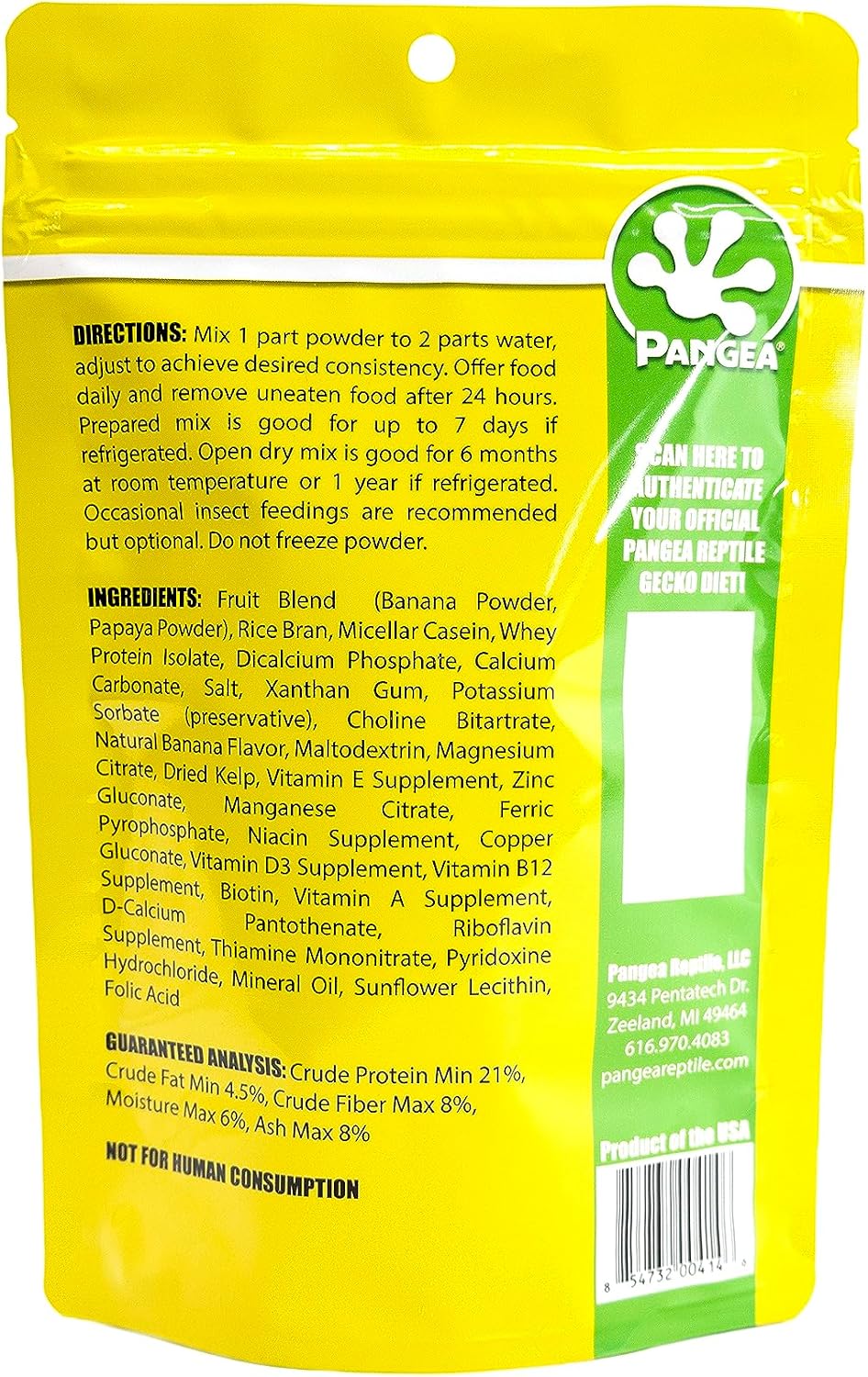 Pangea powdered reptile supplement packaging detail and label view