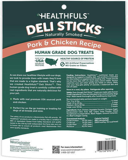 Close up of individually wrapped Healthfuls Deli Sticks for dogs