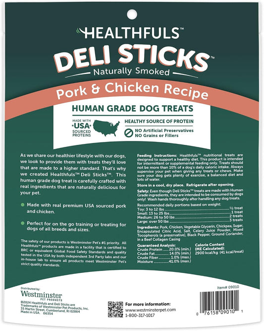 Close up of individually wrapped Healthfuls Deli Sticks for dogs