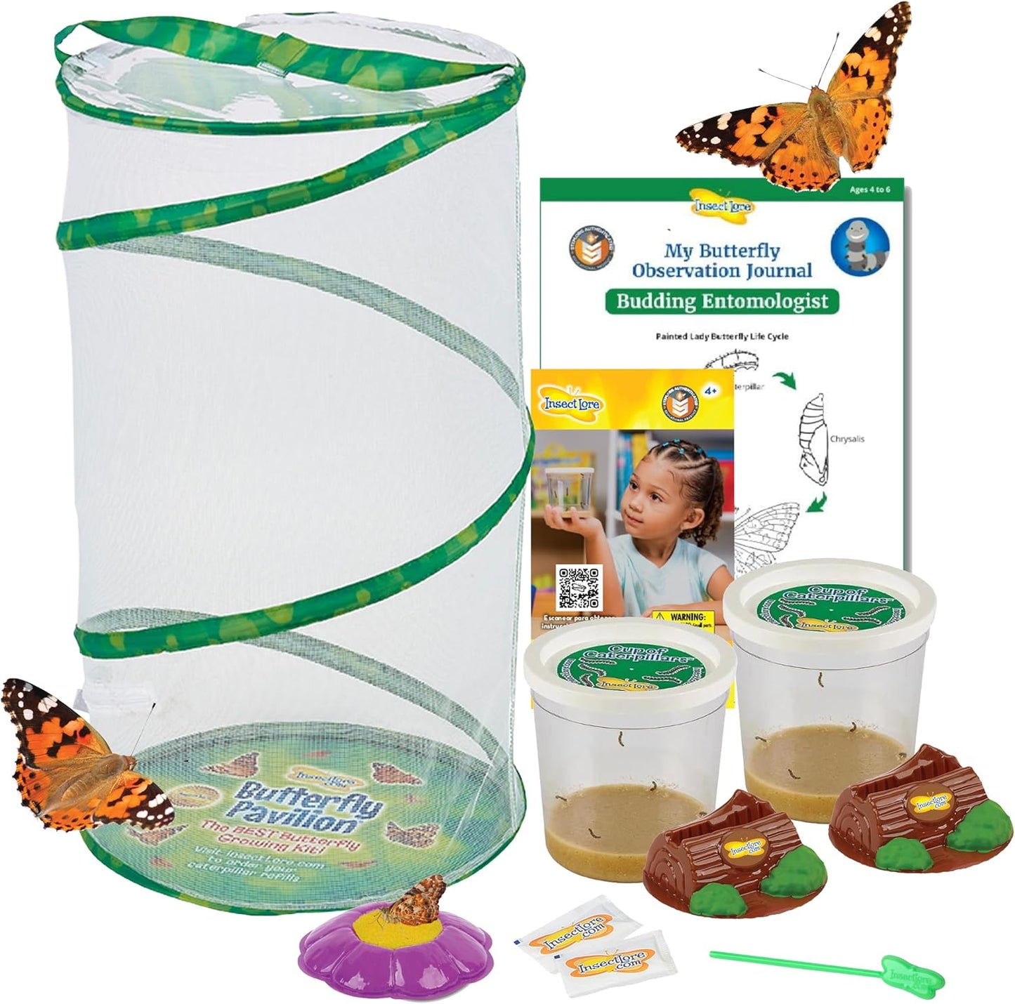 Insect Lore Butterfly Pavilion kit front view showing the two foot tall green mesh habitat and caterpillar cups