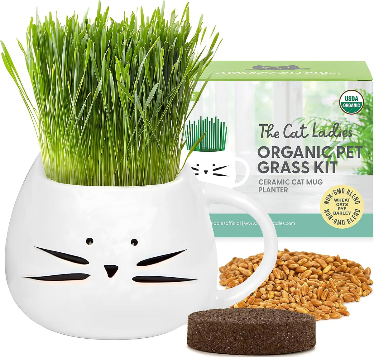 The Cat Ladies Organic Cat Grass Growing Kit front view showing the white cat planter with fully grown fresh green pet grass.