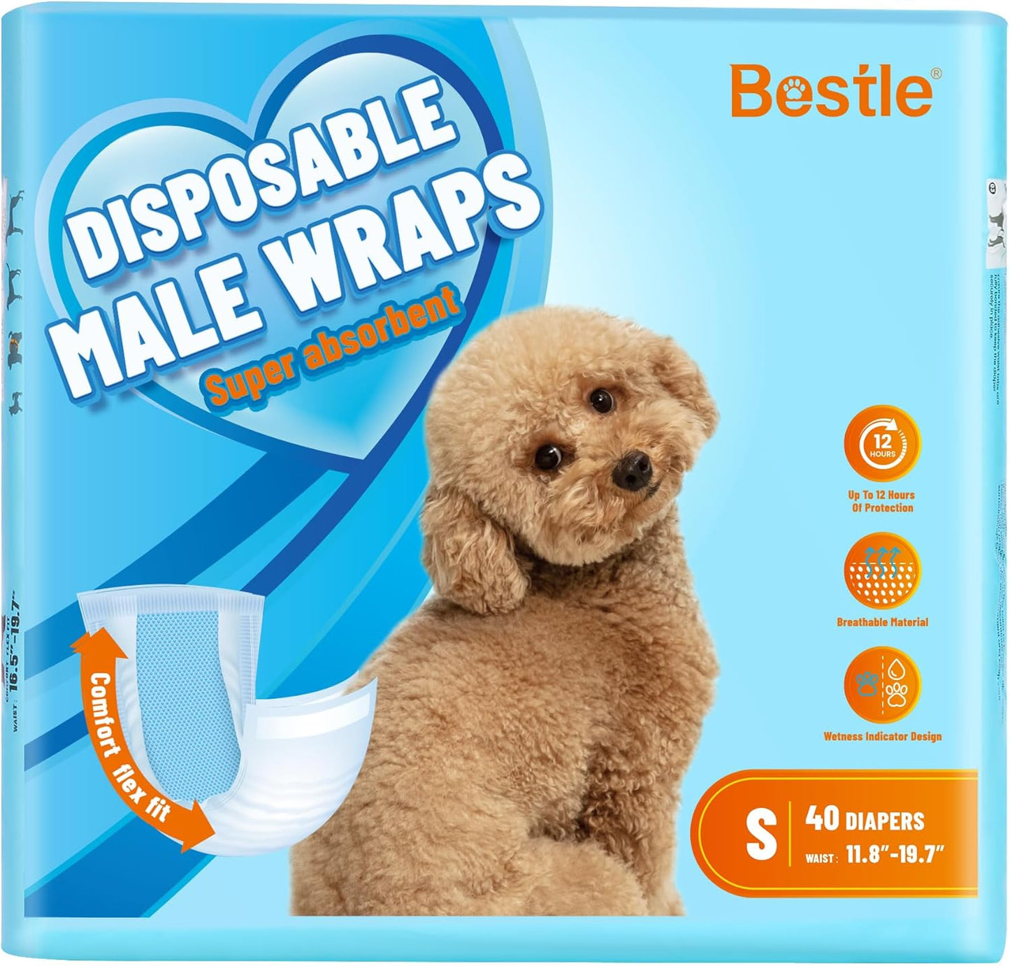 Bestle Male Dog Wrap, Disposable Dog Diapers, 40 Count, XS (Waist 10.6"-16.6"), Wetness Indicator, Ultra Protection, Leak Proof, Super Absorbent, Soft - Image 10