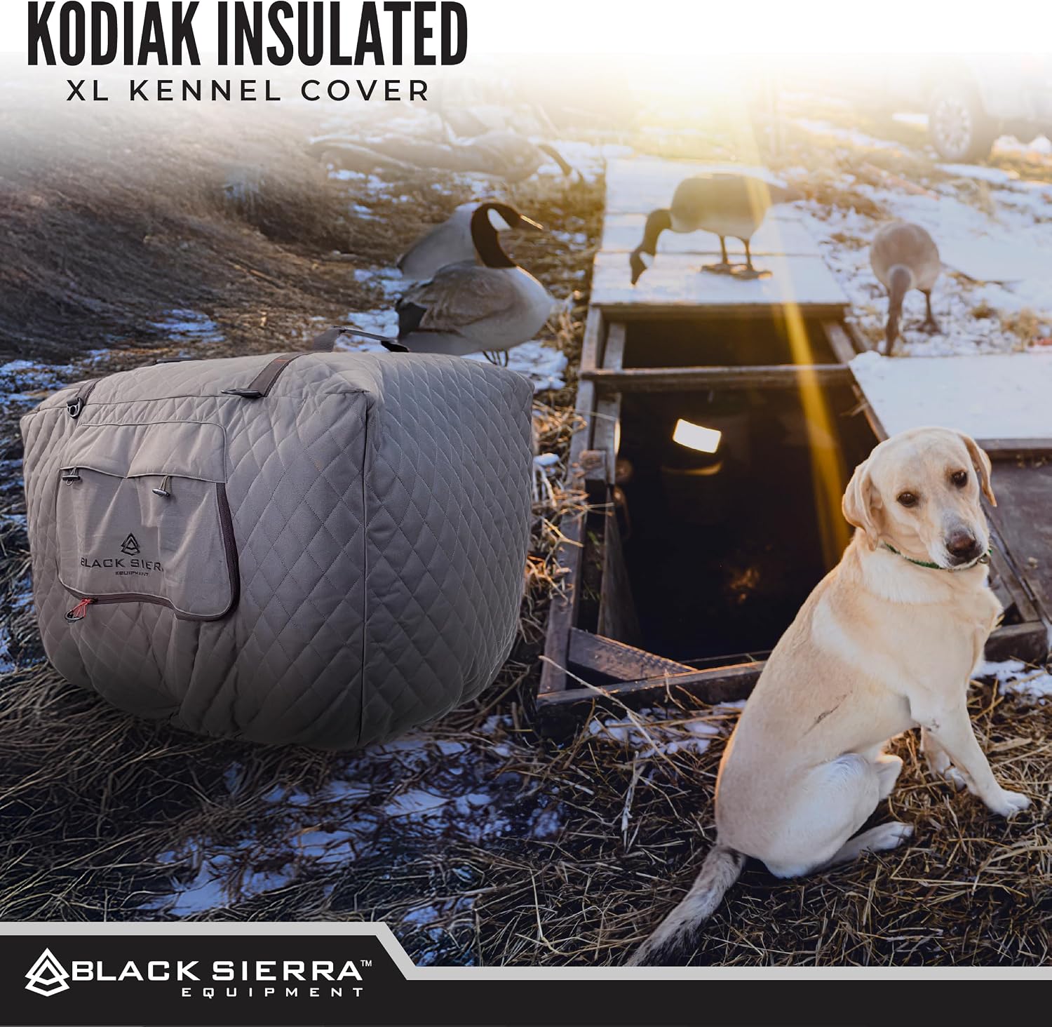 Black Sierra pet kennel cover displaying the integrated tie-down D-rings for transport security