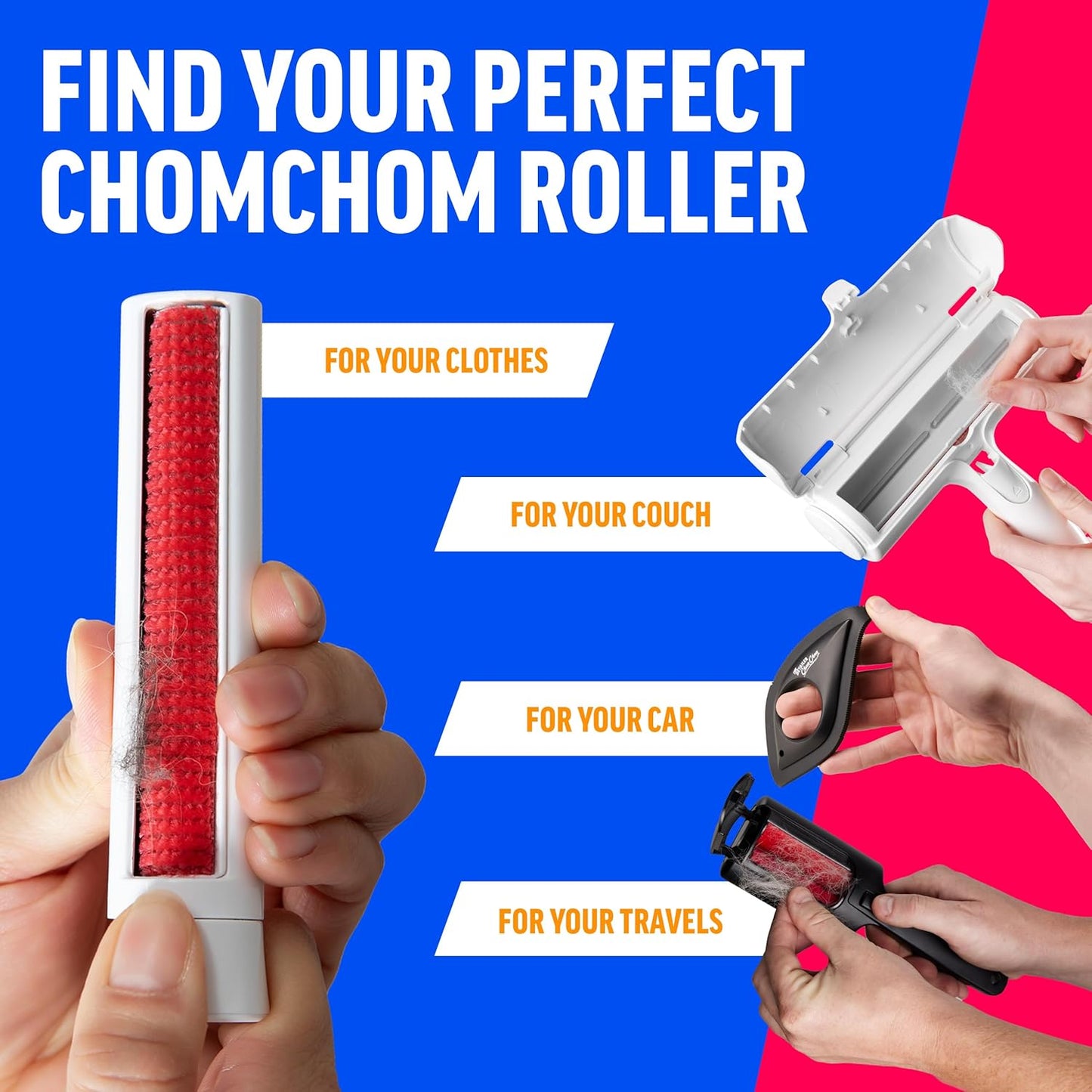 ChomChom Roller and Rake packaging demonstrating reusable fur removal action