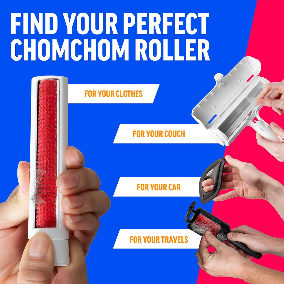 ChomChom Roller and Rake packaging demonstrating reusable fur removal action