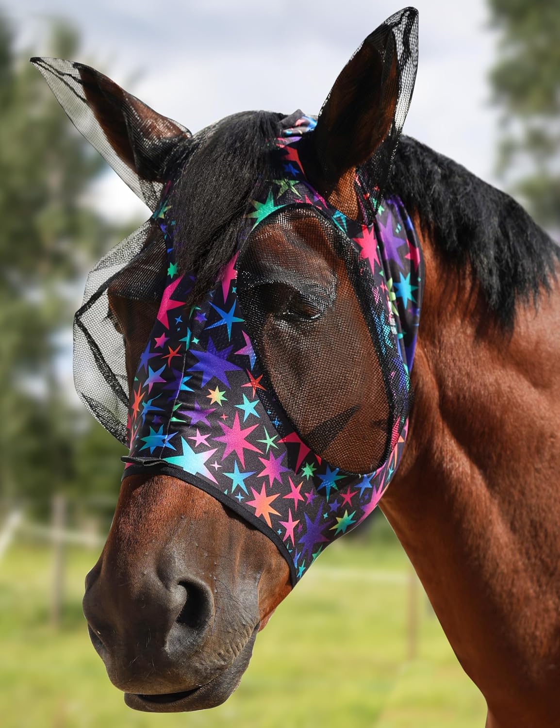 Harrison Howard Stretch Fly Mask with Forelock Opening and Patterns Comfortable Breathable Snug Fitting Horse Fly Mask Fish Scale L - Image 9
