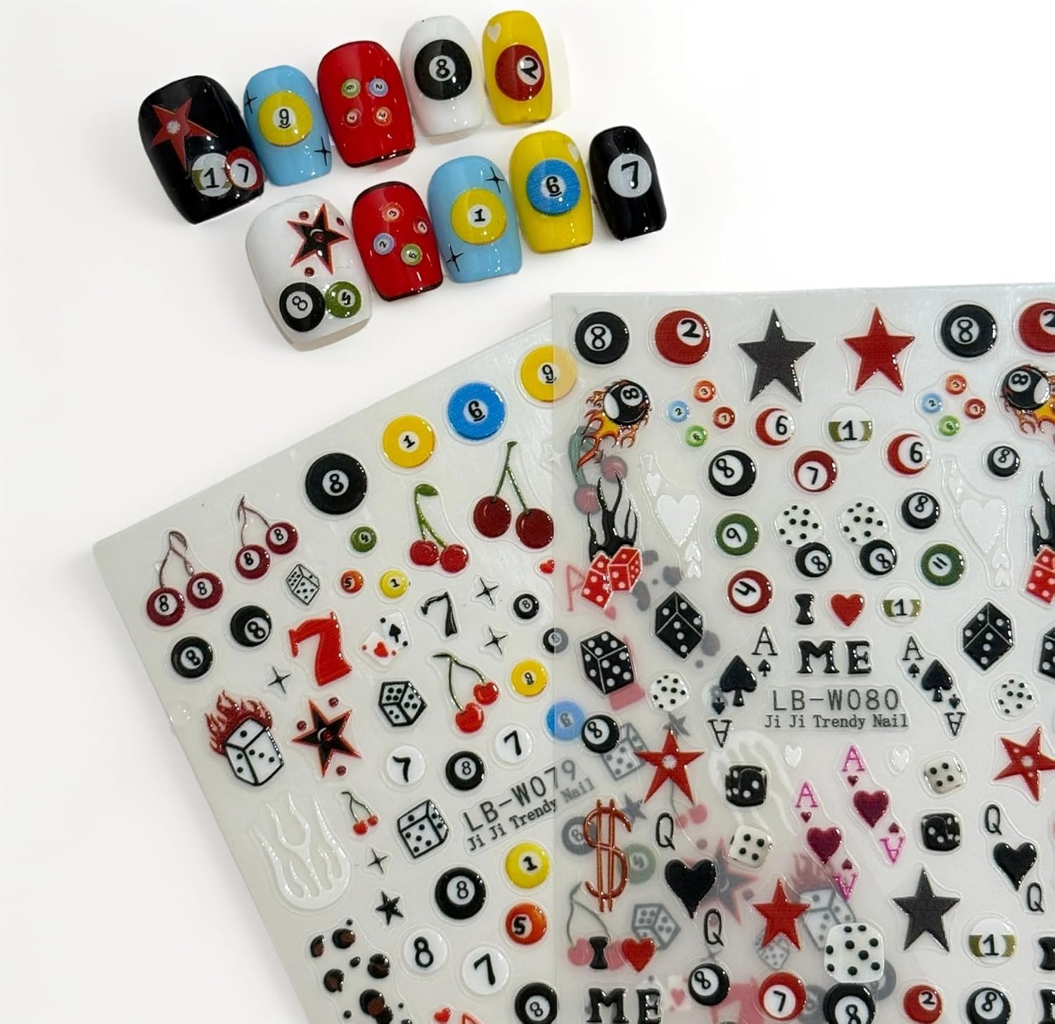 SIMAYKUWA 3D pool and dice nail stickers front view