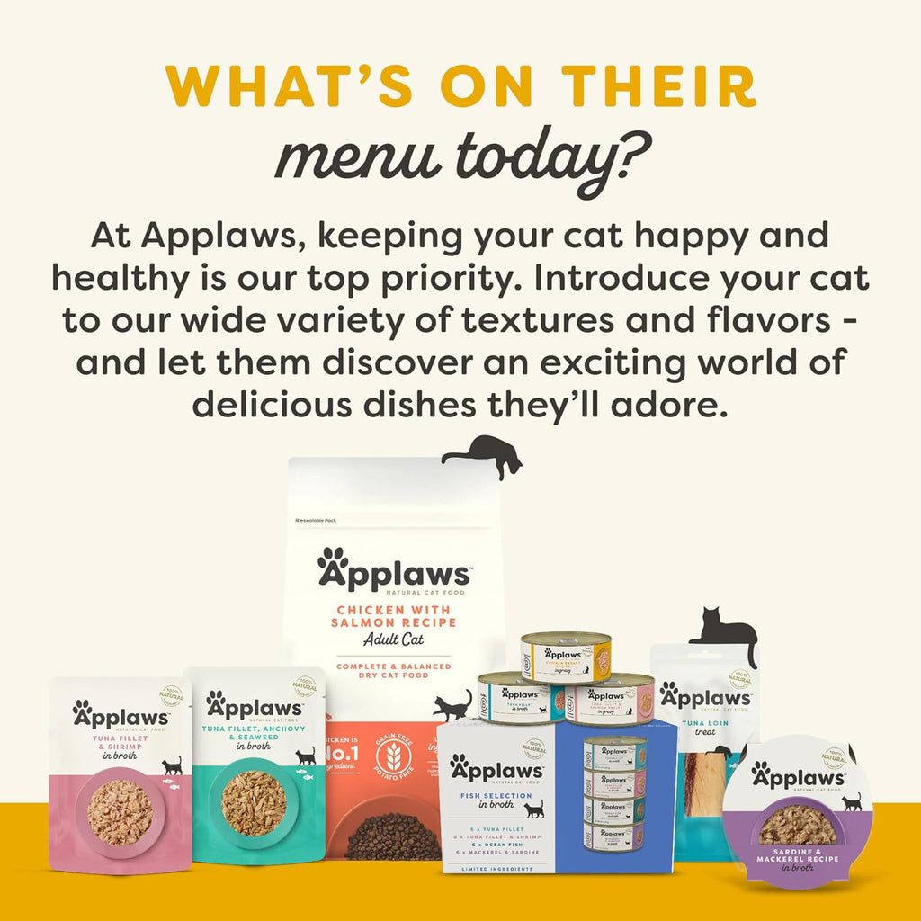 Authentic USA imported Applaws cat food twelve pack collection box showcasing multiple flavor varieties.