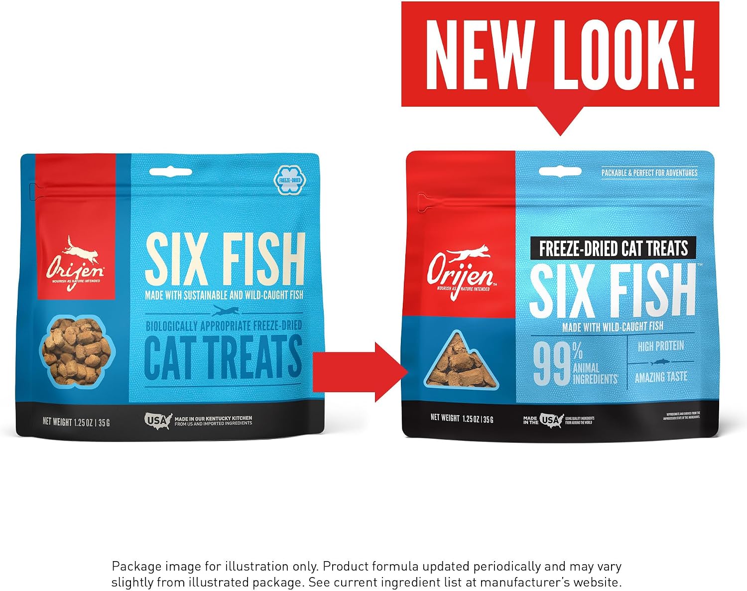 Orijen fish formula grain free cat treats display for healthy daily pet rewarding.