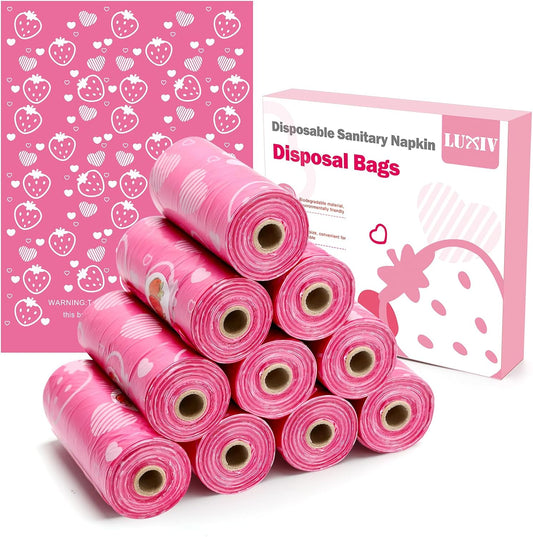Luxiv pink sanitary napkin disposal bags front view showing the 150 count packaging.