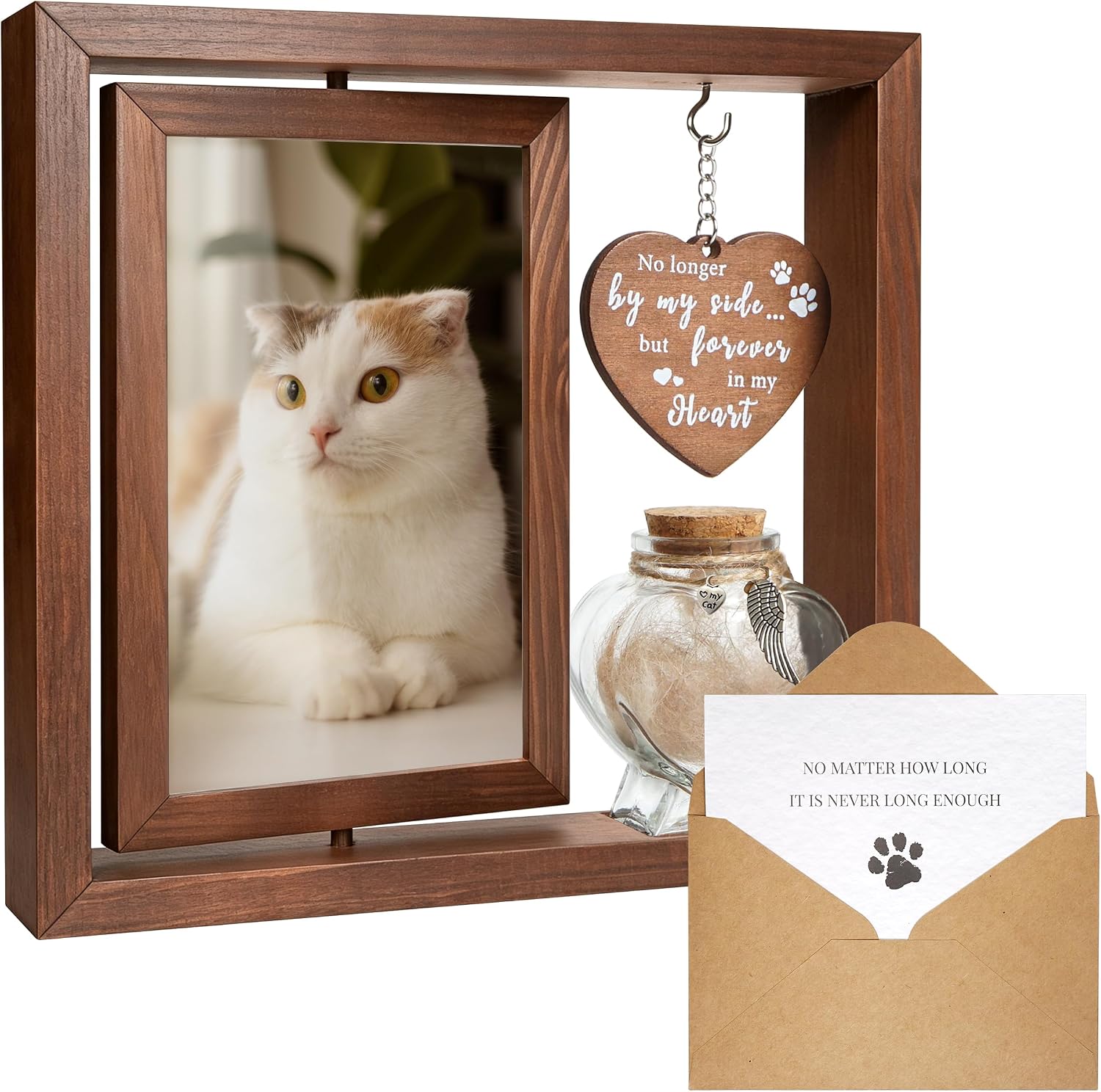 HAMUIERS Cat Memorial Rotating Wooden Picture Frame front view displaying vertical photo.