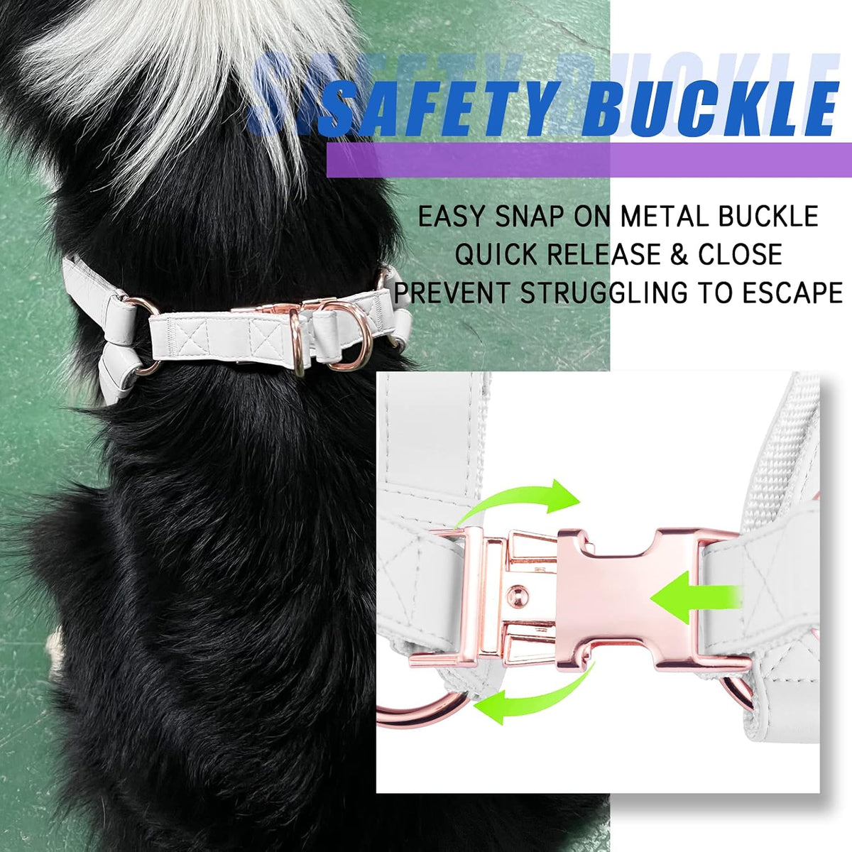 Close up of rose gold metal hardware on AaufiLux dog harness