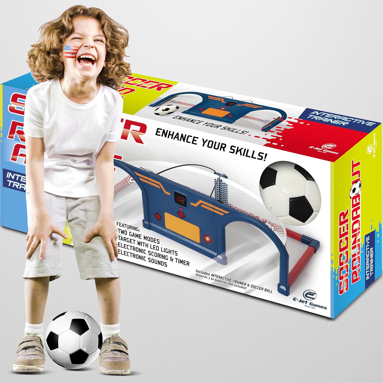 E-Jet Games Soccer Roundabout Arcade front view showing electronic scoring board and target holes