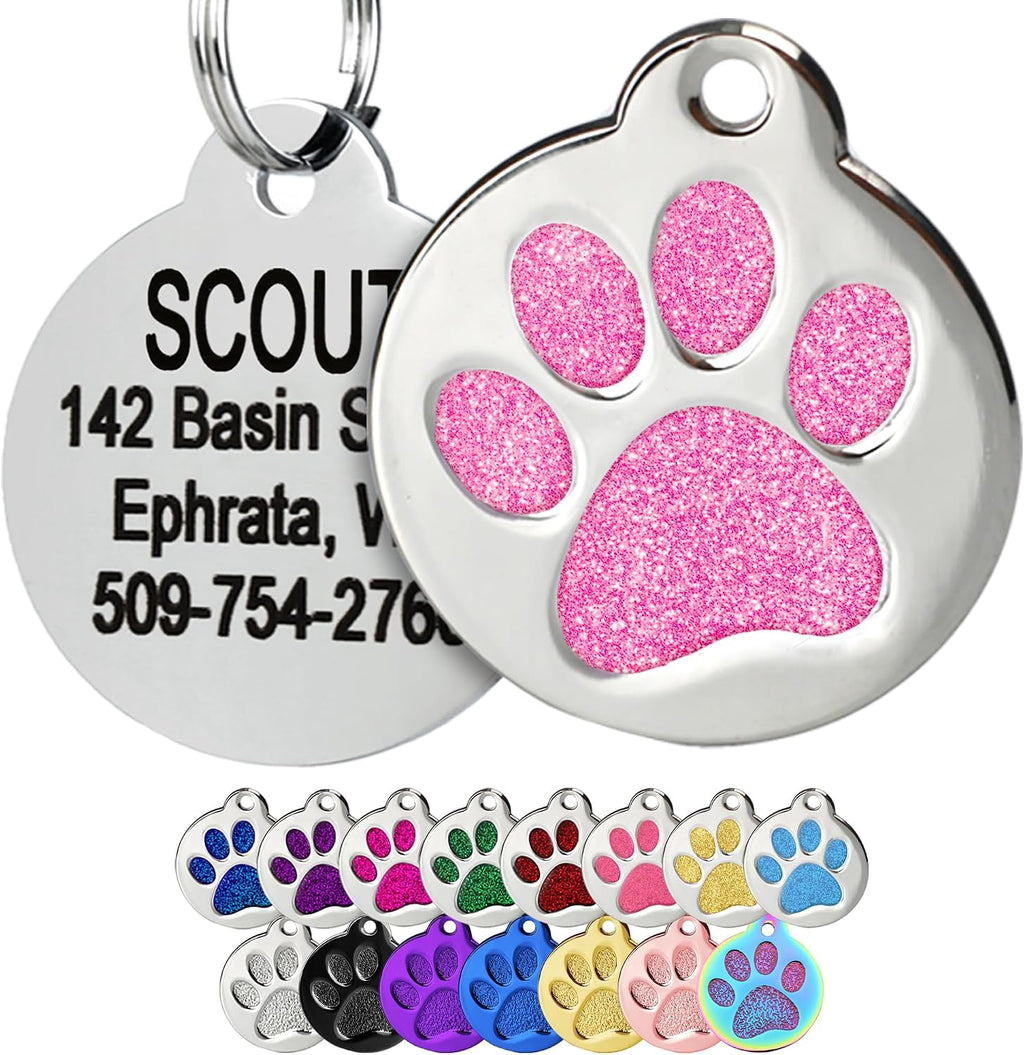 GoTags Paw Print Round Stainless Steel Pet Tag for Dogs and Cats, Personalized with 4 Lines of Custom Engraved ID Name and Number, in Stainless Steel and 15 Colors Small and Large, Glitter Blue - Image 12