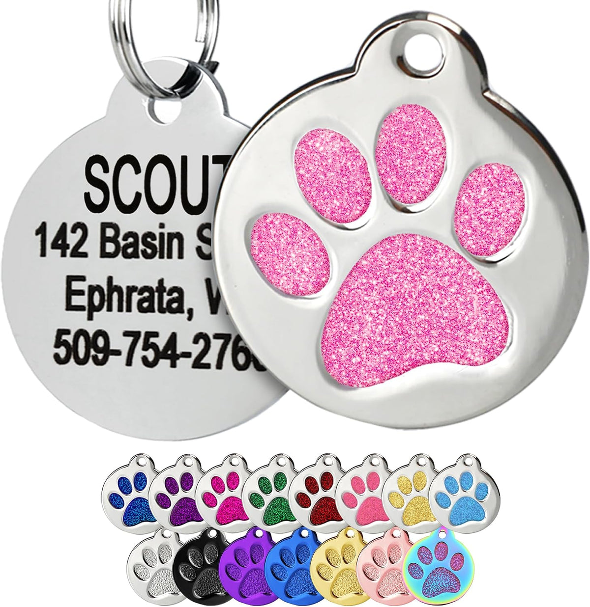 GoTags Paw Print Round Stainless Steel Pet Tag for Dogs and Cats, Personalized with 4 Lines of Custom Engraved ID Name and Number, in Stainless Steel and 15 Colors Small and Large, Glitter Blue - Image 12