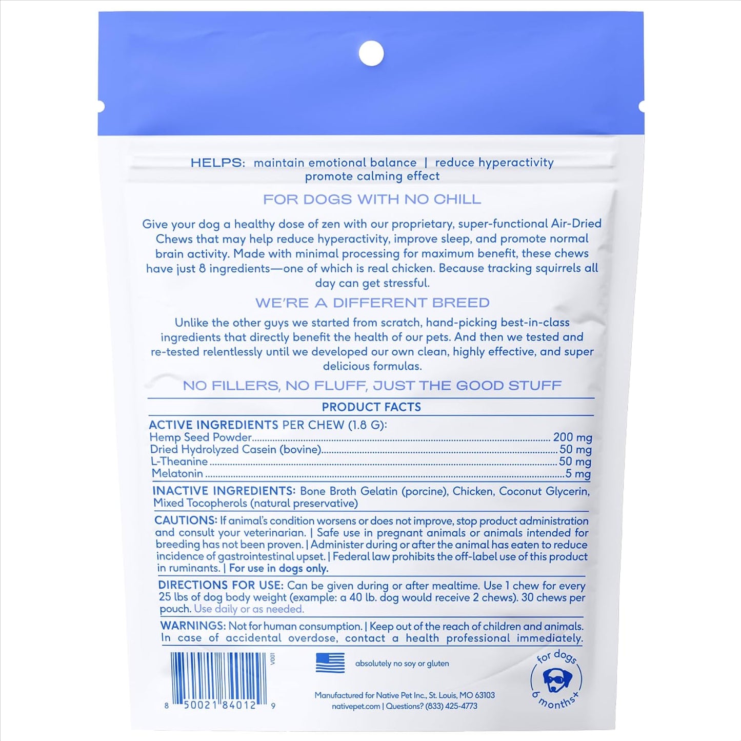 Native Pet Calming Chews for Dogs - Promotes Calming Effect, Supports Emotional Balance & Reduces Hyperactivity - Hemp Seed, Melatonin for Dogs, L-Theanine & Casein - Air-Dried 30 Chews - Image 9