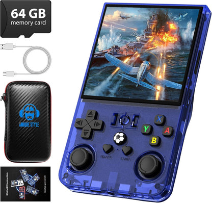 DVJQSN R36MAX retro handheld game console front view in blue