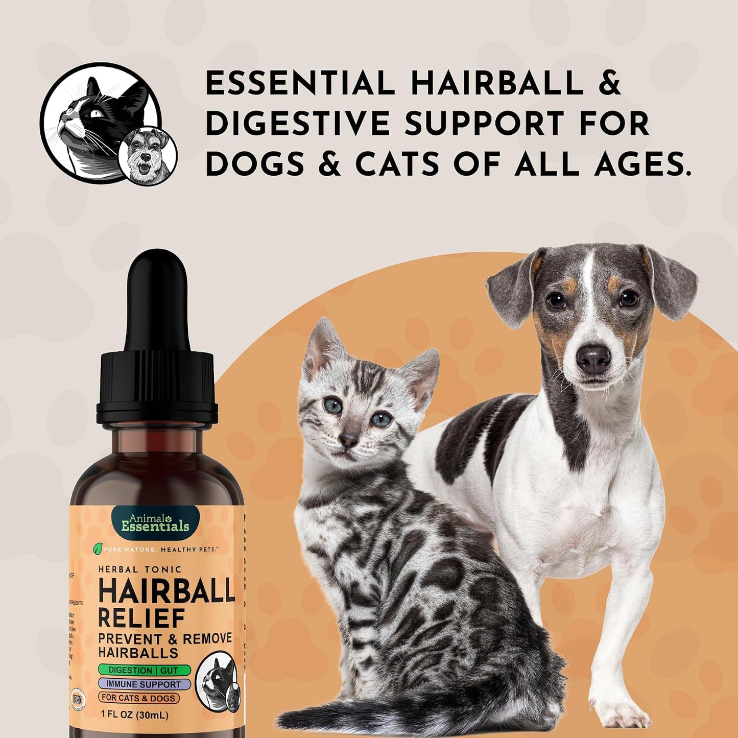 Dog and cat herbal tincture bottle designed for safe hairball elimination.