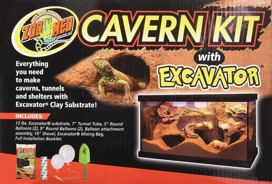 Zoo Med Cavern Kit front view packaging showing reptile burrowing clay substrate