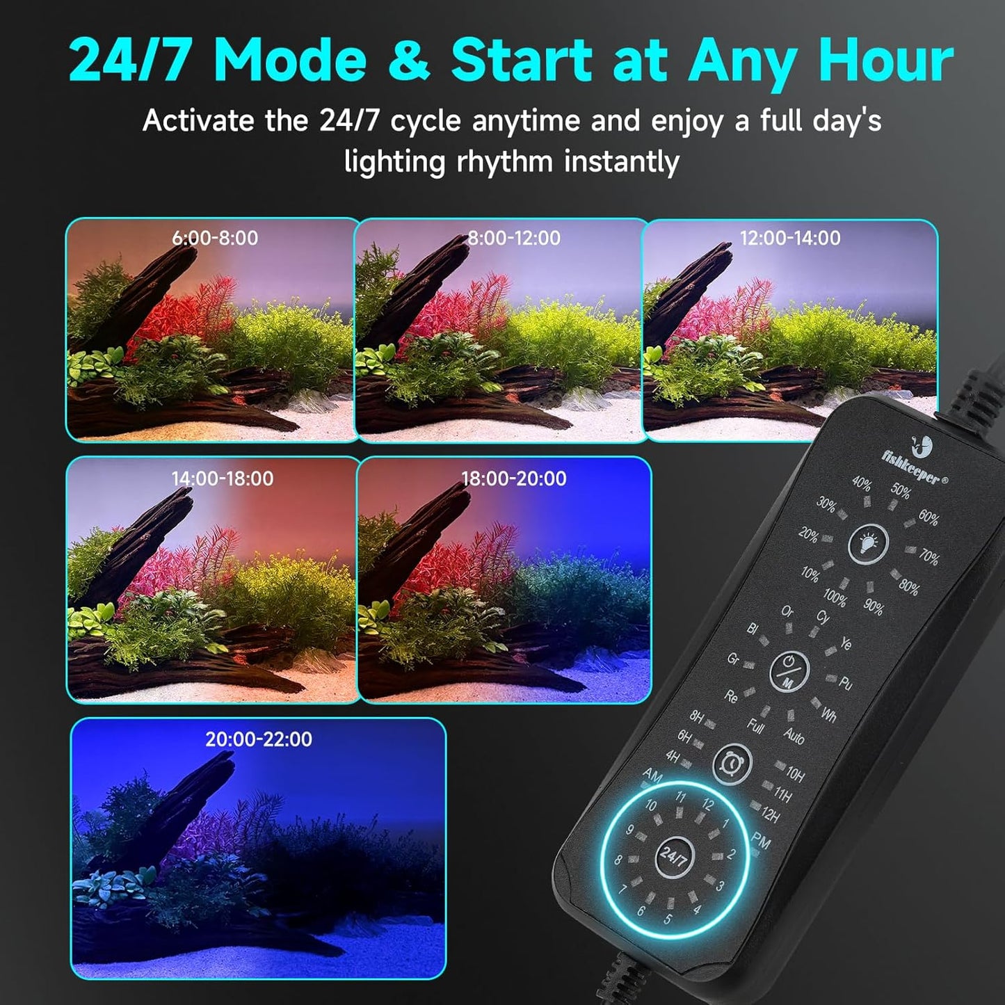 Fishkeeper full spectrum fish tank lighting showing multi color options and brightness levels