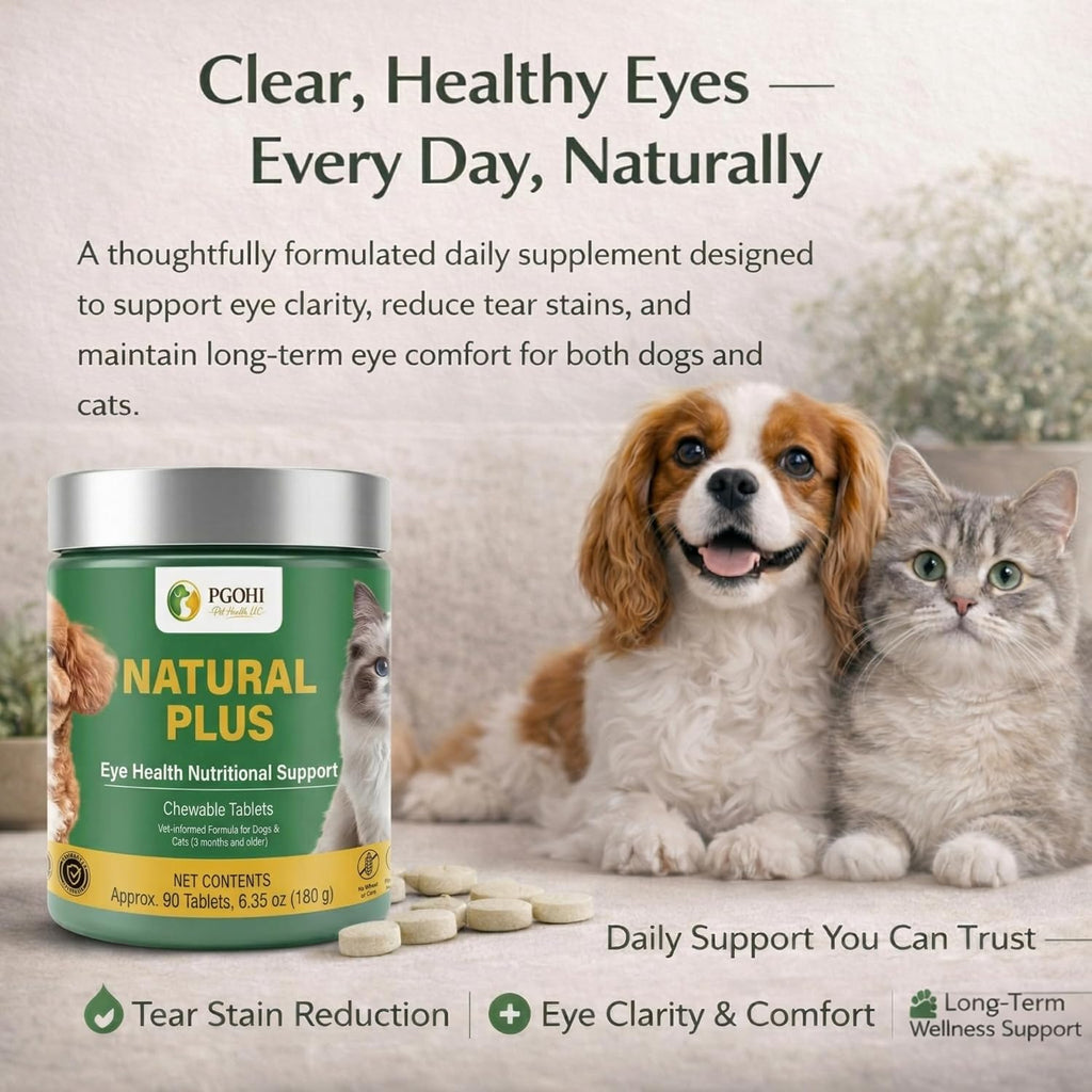 PGOHI pet vision supplement chewable tablets bottle showing label details for cats and dogs.