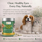 PGOHI pet vision supplement chewable tablets bottle showing label details for cats and dogs.