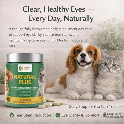 PGOHI pet vision supplement chewable tablets bottle showing label details for cats and dogs.