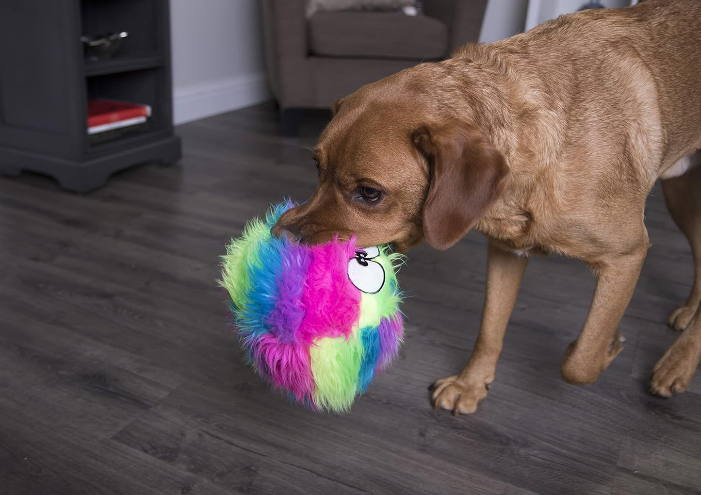 Back view of GoDog Furballz plush squeaky ball for dogs