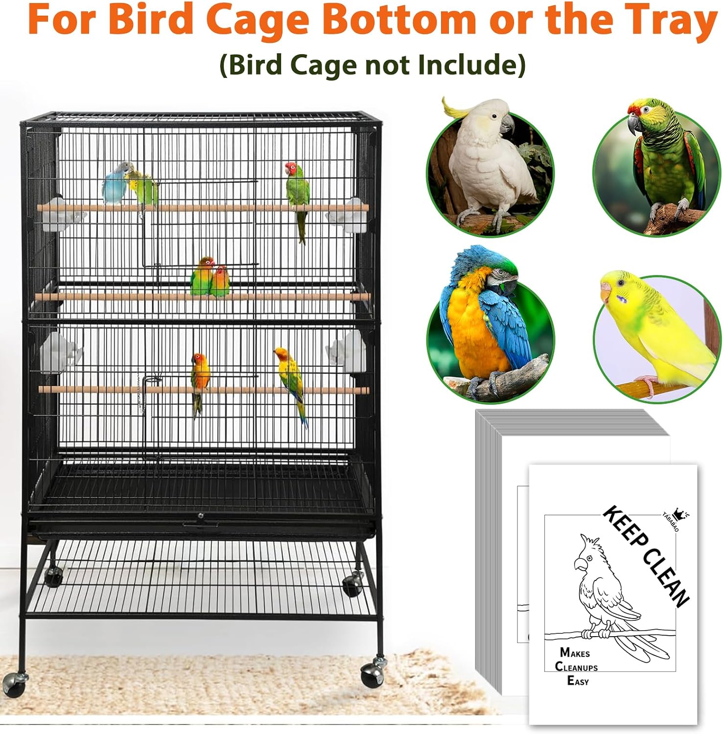 Pre-cut bird cage liners being placed on a metal tray