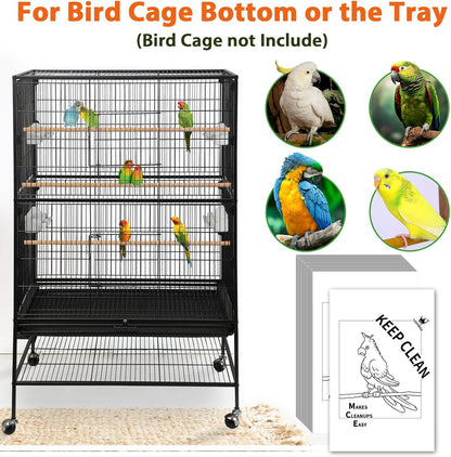 Pre-cut bird cage liners being placed on a metal tray