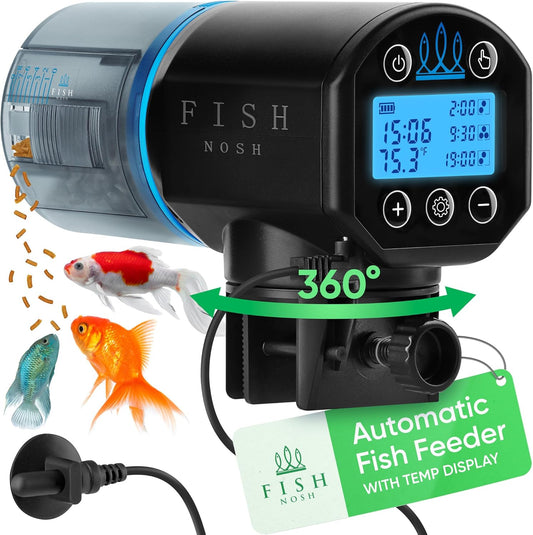 FISHNOSH automatic fish feeder front view showing digital LCD display panel