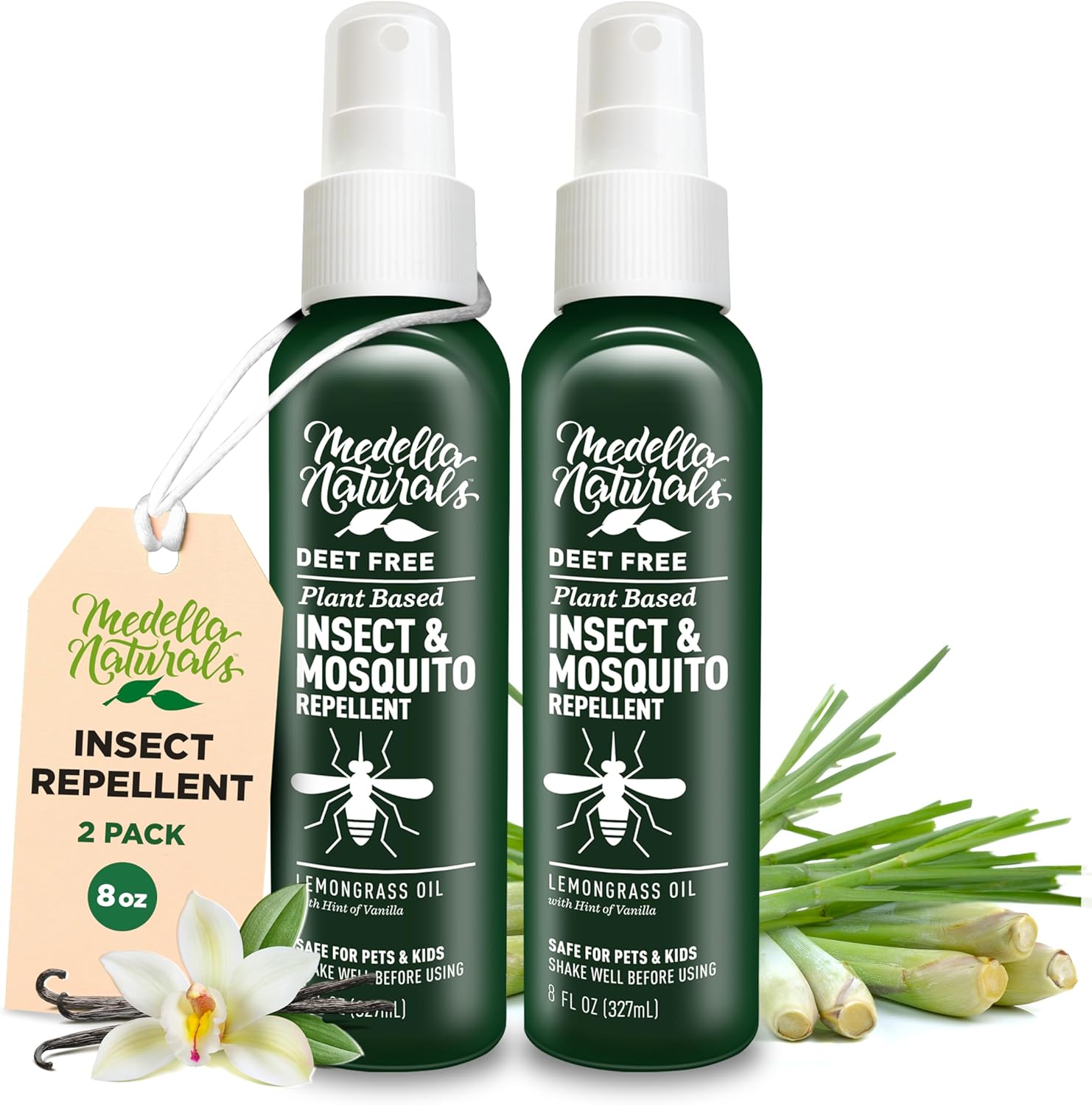 Medella Naturals deet free insect repellent double pack front view showcasing lemongrass and vanilla plant based formula