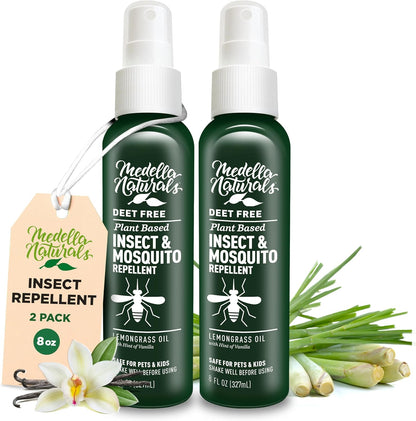Medella Naturals deet free insect repellent double pack front view showcasing lemongrass and vanilla plant based formula
