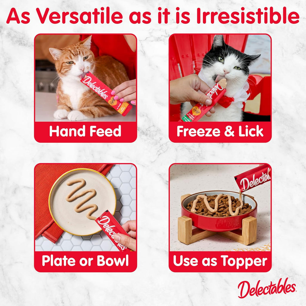 Close up of Delectables tuna and salmon treat packaging