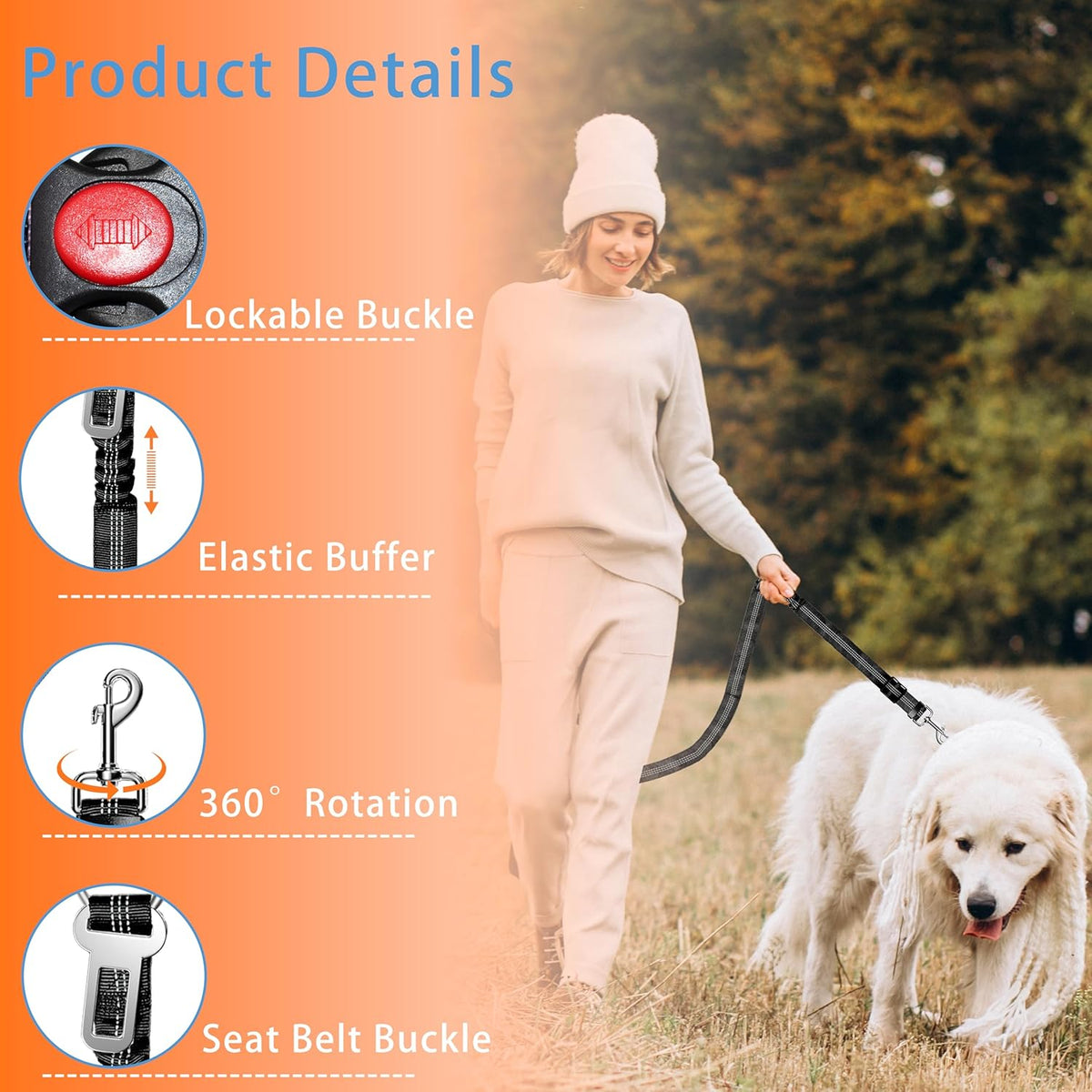 Seyezo pet seat belt with reflective stitching