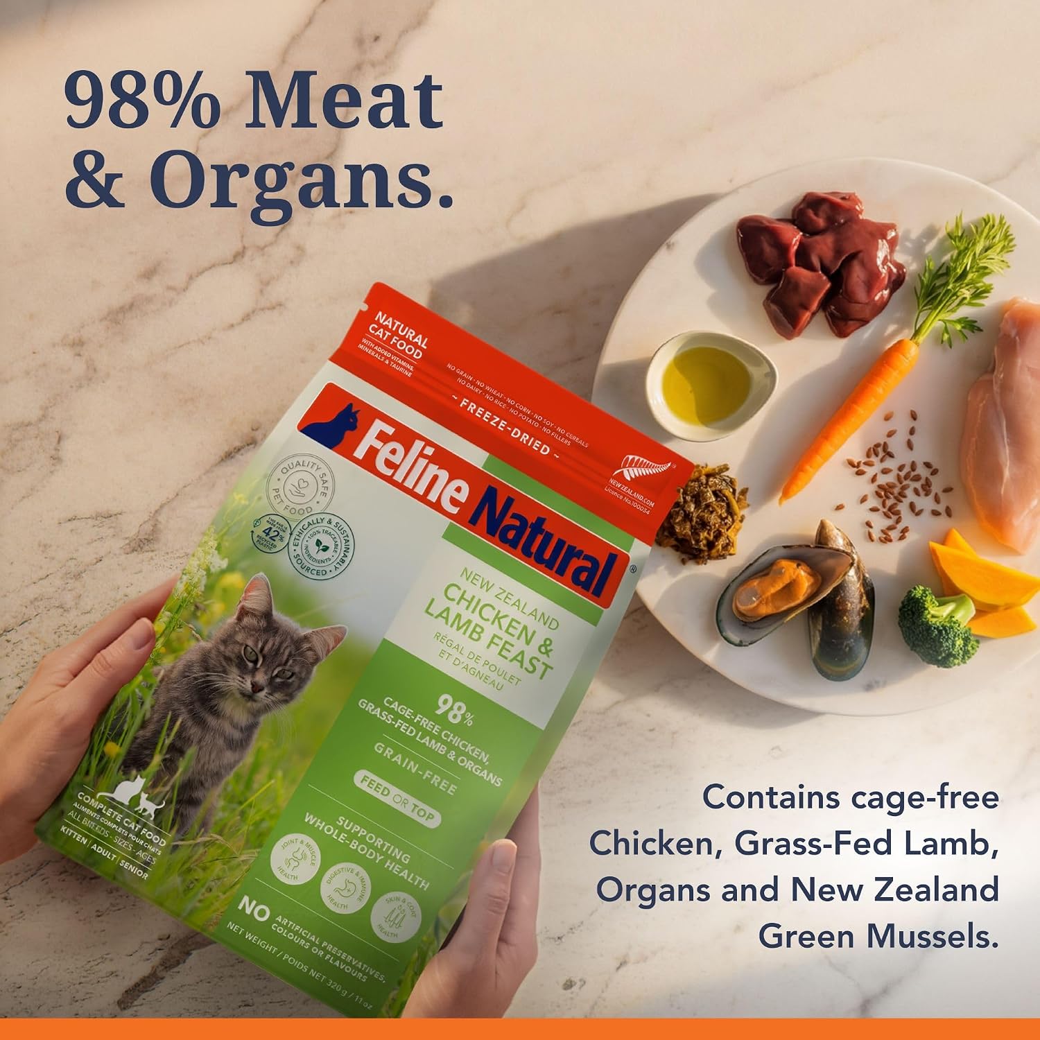 Authentic Feline Natural 98 percent meat and organ blend feeding presentation in a pet bowl