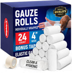 Mighty-X Premium Gauze Rolls 24 pack box front view with medical tape roll.