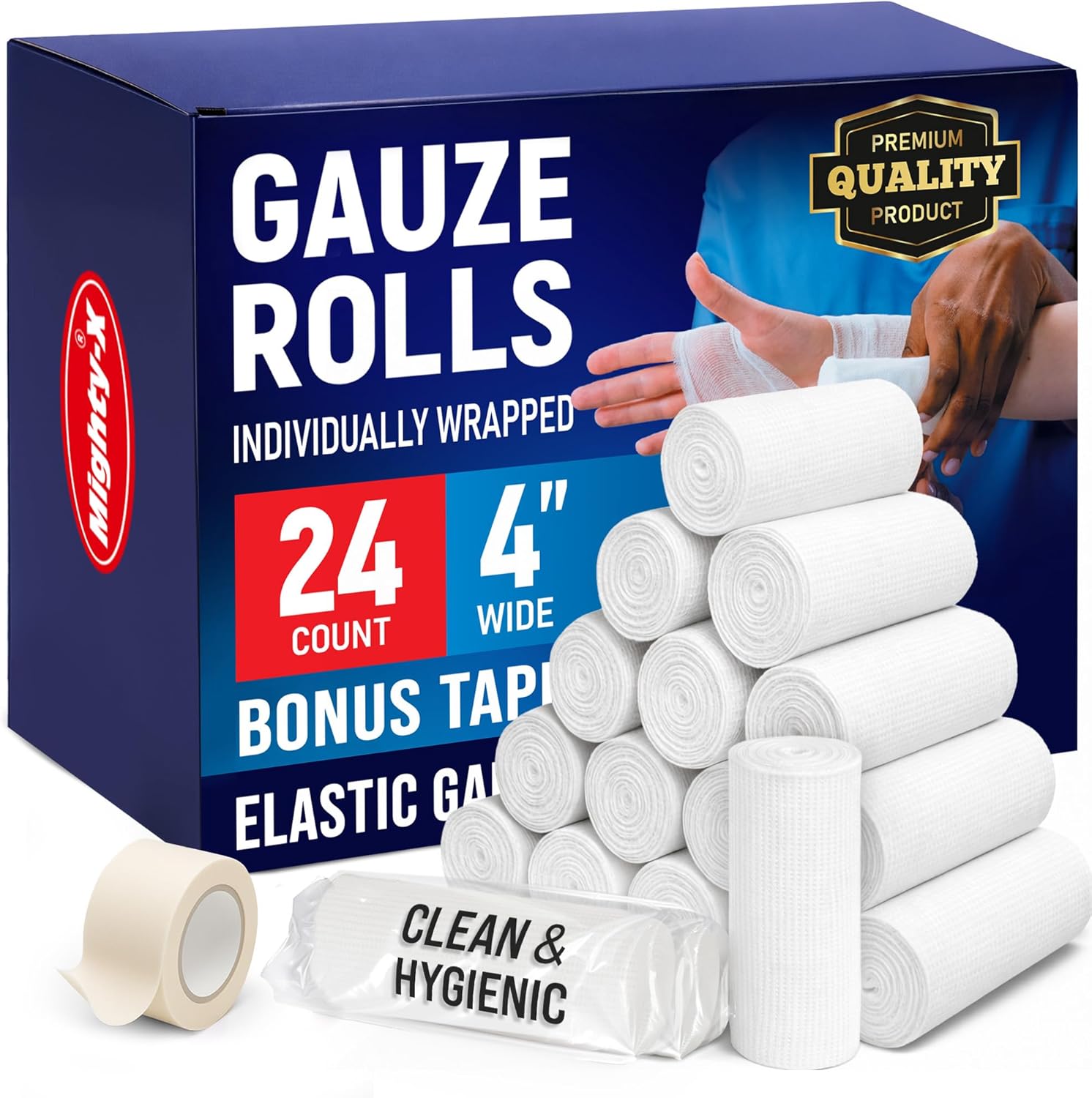 Mighty-X Premium Gauze Rolls 24 pack box front view with medical tape roll.