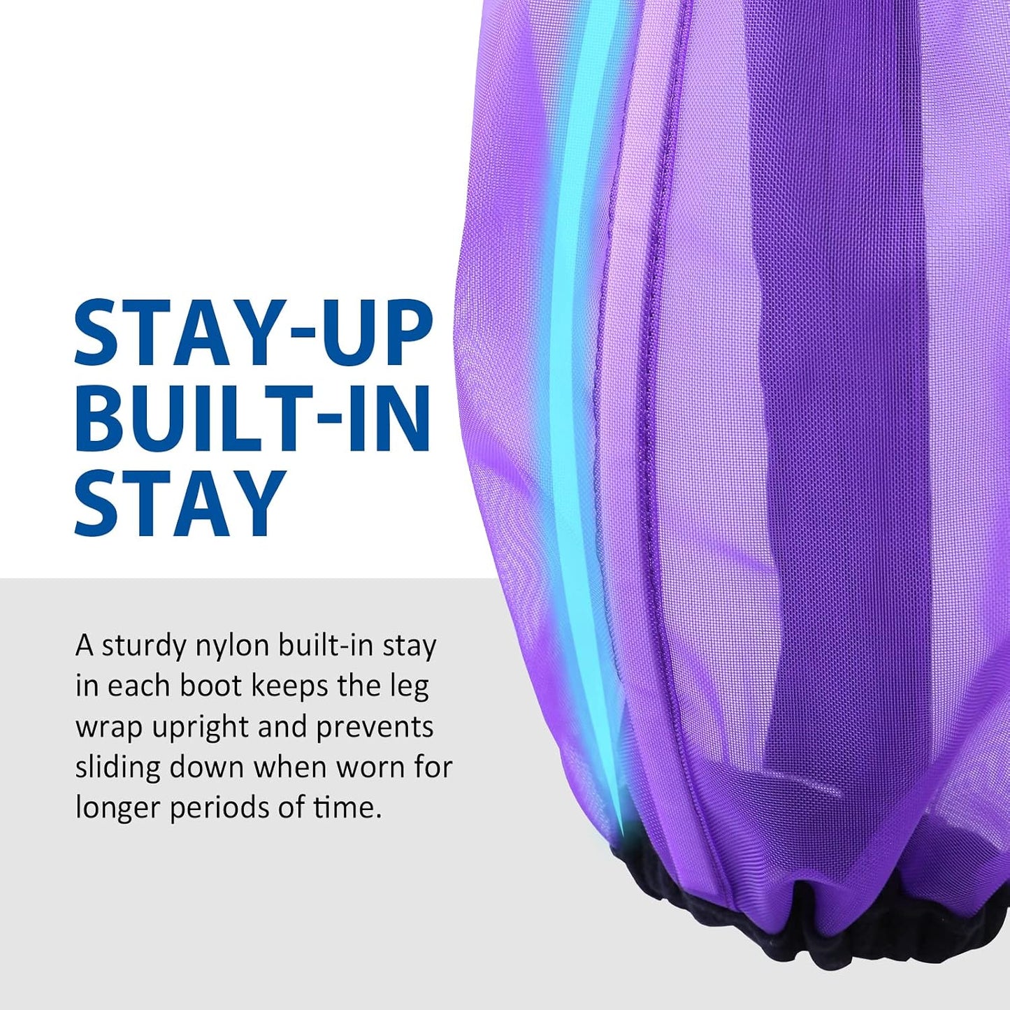 Close up look at the durable UV proof fine mesh material of the purple fly boots.