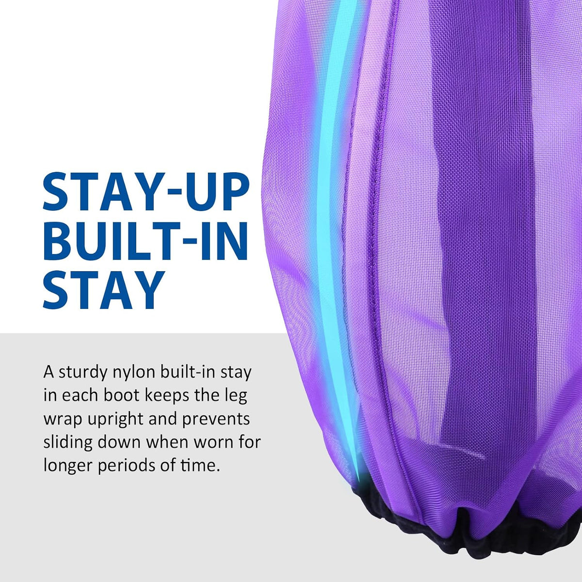 Close up look at the durable UV proof fine mesh material of the purple fly boots.