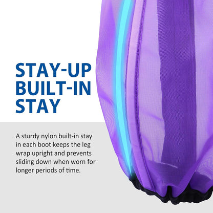 Close up look at the durable UV proof fine mesh material of the purple fly boots.
