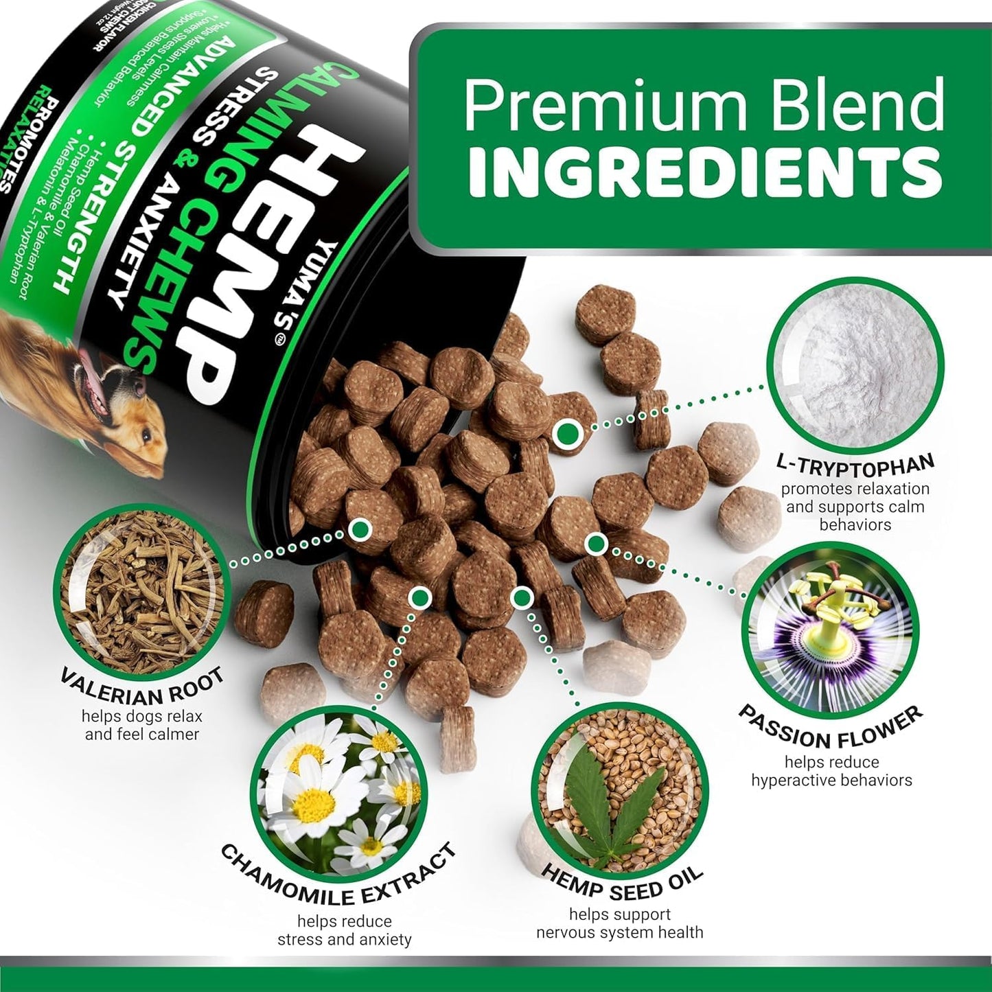 Premium pet calming chews detailing glucosamine and chondroitin for joint support.